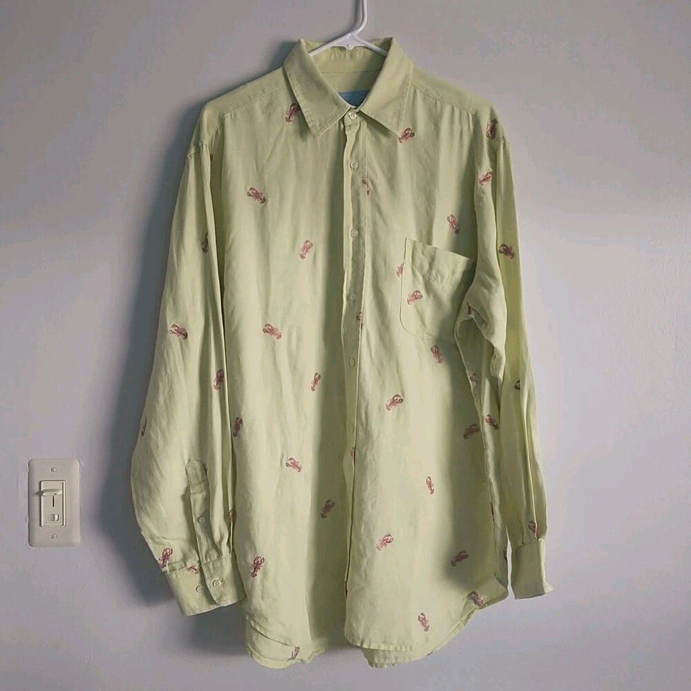 J McLaughlin Button Up Shirt Mens L Linen Yellow Lobster Embroidered Novelty